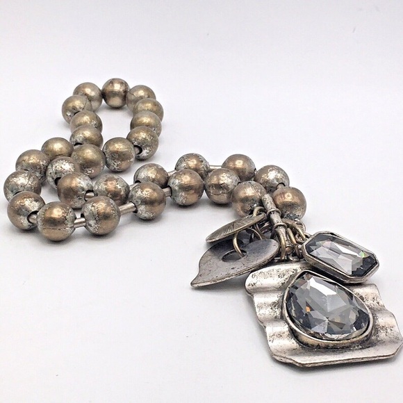 Distressed Brass Silver Large Ball Chain Cluster Pendant Toggle Clasp Necklace - Picture 2 of 6